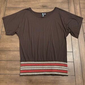 Juniors Brown Top with Striped Hem